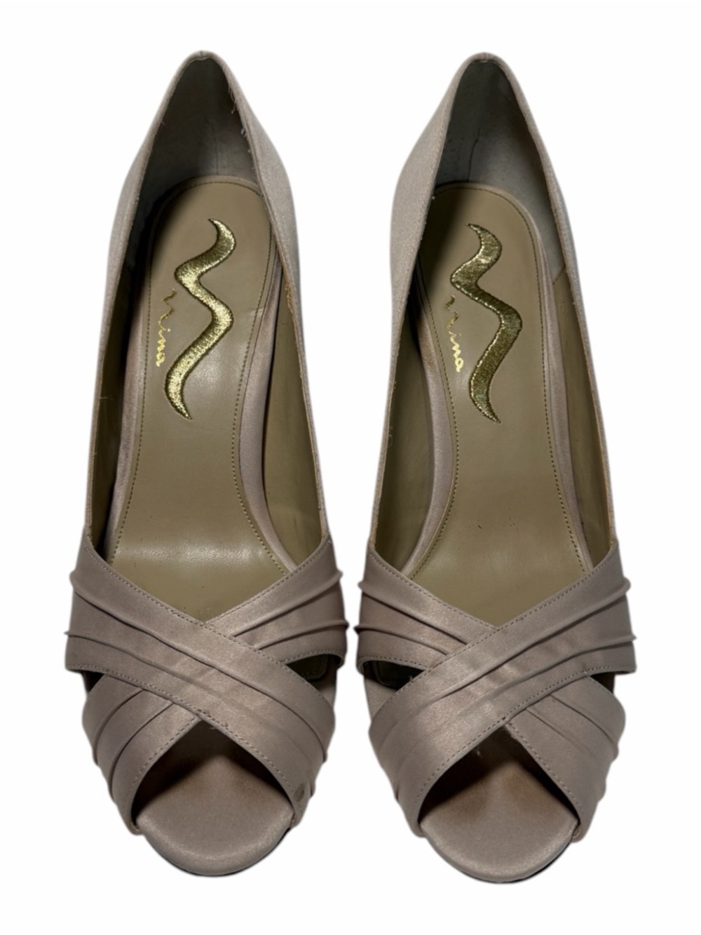 Nina Taupe Crisscross Peep-Toe Heels size 8.5